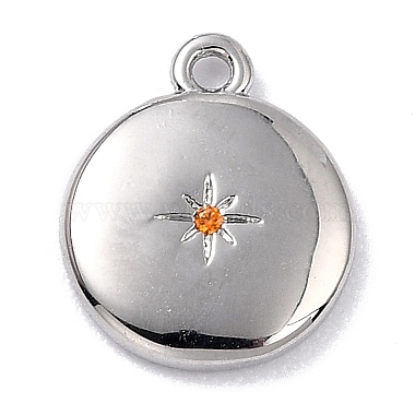 Real Platinum Plated Orange Red Flat Round Brass+Cubic Zirconia Charms