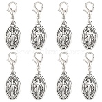 8Pcs Alloy Pendant Decorations, with Alloy Lobster Claw Clasps, Oval with Virgin Mary, Antique Silver, 33mm(HJEW-YW00298)