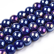 Electroplate Opaque Glass Beads Strands, AB Color Plated, Round, Dark Blue, 9.5~10mm, Hole: 1.5mm, about 40~42pcs/strand, 14.76~15.12 inch(37.5~38.4cm)(GLAA-T032-P10mm-AB03)
