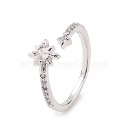 Clear Cubic Zirconia Star Open Cuff Ring, Brass Jewelry for Women, Platinum, US Size 6(16.5mm)(RJEW-B028-24P)