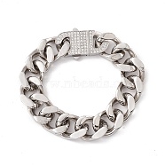 304 Stainless Steel Curb Chains Bracelet with Crystal Rhinestone Padlock Clasp for Women, Stainless Steel Color, 8-5/8 inch(21.8cm), Link: 22.5x17x7mm(BJEW-E107-01P-02)