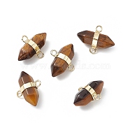 Natural Tiger Eye Double Terminal Pointed Connector Charms, Faceted Bullet Links, with Rack Plating Gloden Brass Tone Findings, Cadmium Free & Lead Free, 19x15.5x9mm, Hole: 2mm(G-P491-11G-01)