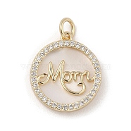 Brass Micro Pave Cubic Zirconia Pendants, with Natural White Shell and Jump Ring, Flat Round with Word Mom, Real 18K Gold Plated, 18x16x3mm, Hole: 3.2mm(KK-A207-06G)