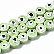 Handmade Porcelain Ceramic Beads Strands, Bright Glazed Porcelain, Flat Round with Evil Eye, Light Green, 8x5mm, Hole: 1.5mm, about 40pcs/strand, 12.01 inch(30.5cm)(PORC-T006-04E)