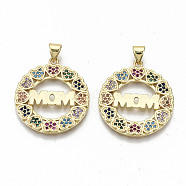 Brass Micro Pave Colorful Cubic Zirconia Pendants, Nickel Free, with Snap on Bails, Mother's Day, Flat Round with Word Mom, Real 16K Gold Plated, 26x24x2mm, Hole: 3.5x5mm(ZIRC-S067-214-NF)