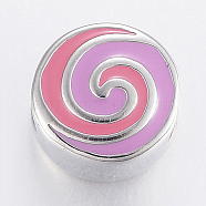 304 Stainless Steel European Enamel Beads, Large Hole Beads, Flat Round with Vortex, Colorful, Stainless Steel Color, 11x8mm, Hole: 5mm(STAS-H446-131P)