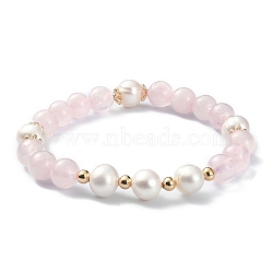 Natural Rose Quartz & Pearl Beaded Stretch Bracelet for Women, Inner Diameter: 2-1/4 inch(5.6cm)(BJEW-JB09384-02)