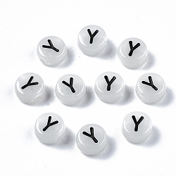 Acrylic Beads, with Enamel and Luminous, Horizontal Hole, Flat Round with Black Letter, Glow in the Dark, Light Grey, Letter.Y, 7x3.5mm, Hole: 1.5mm, about 3600~3700pcs/500g(SACR-S273-29Y)