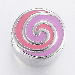 304 Stainless Steel European Enamel Beads, Large Hole Beads, Flat Round with Vortex, Colorful, Stainless Steel Color, 11x8mm, Hole: 5mm(STAS-H446-131P)
