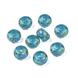 Flower Printed Transparent Acrylic Rondelle Beads, Large Hole Beads, Sky Blue, 15x9mm, Hole: 7mm(TACR-S160-01-B02)