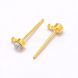 Brass Ear Studs, with Loop and Rhinestone, Golden, about 3mm wide, 14.5mm long, hole: 1mm, Pin: 0.8mm(X-EC591-G)