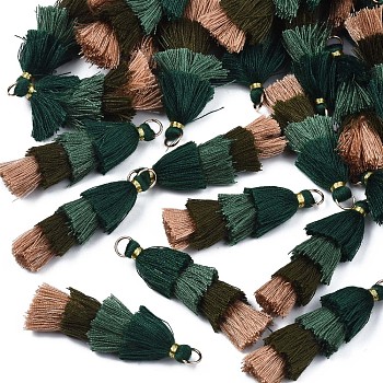 Polycotton(Polyester Cotton) Layered Tassel Big Pendant Decorations, with Iron Findings, Golden, Dark Green, 48~55x12~15mm, Hole: 2.5x4.5mm