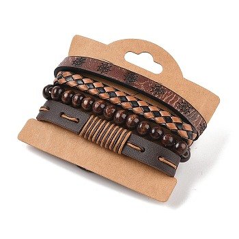 4Pcs 4 Styles PU Imitation Leather Braided Bracelets Sets, Wood Beaded Bracelets for Men, Anchor & Helm, Inner Diameter: 2-1/8~3-5/8 inch(5.3~9.3cm)