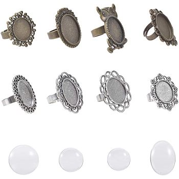 DIY Ring Making, Adjustable Iron & Alloy Finger Rings Components and Clear Glass Cabochons, Mixed Shapes, Antique Bronze & Antique Silver, 118x72x35mm