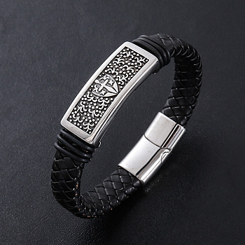 Punk Braided PU Leather Cord Bracelets, 304 Stainless Steel Sword & Sheild Charm Bracelets for Men, with Magnetic Clasp, Antique Silver & Stainless Steel Color, 8.27 inch(21cm)