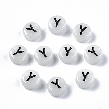 Acrylic Beads, with Enamel and Luminous, Horizontal Hole, Flat Round with Black Letter, Glow in the Dark, Light Grey, Letter.Y, 7x3.5mm, Hole: 1.5mm, about 3600~3700pcs/500g