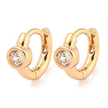 Brass Micro Pave Clear Cubic Zirconia Hoop Earrings, Flat Round, Light Gold, 8.5x4mm