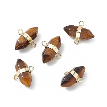 Natural Tiger Eye Double Terminal Pointed Connector Charms, Faceted Bullet Links, with Rack Plating Gloden Brass Tone Findings, Cadmium Free & Lead Free, 19x15.5x9mm, Hole: 2mm