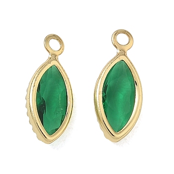 Brass & Glass Pendants, Horse Eye Charm, Faceted, Long-Lasting Plated, Cadmium Free & Lead Free, Real 18K Gold Plated, Green, 11.5x5x2mm, Hole: 1mm