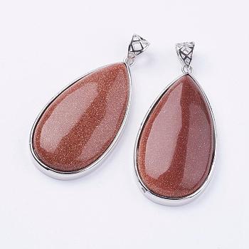 Synthetic Goldstone Big Pendants, with Platinum Tone Brass Findings, Lead Free & Nickel Free, Teardrop, 50x26x9mm, Hole: 5x6mm