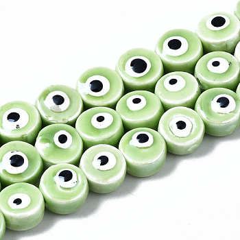 Handmade Porcelain Ceramic Beads Strands, Bright Glazed Porcelain, Flat Round with Evil Eye, Light Green, 8x5mm, Hole: 1.5mm, about 40pcs/strand, 12.01 inch(30.5cm)