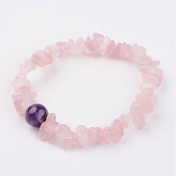 Natural Rose Quartz Stretch Bracelets, with Amethyst Beads, 1-7/8 inch(48mm)