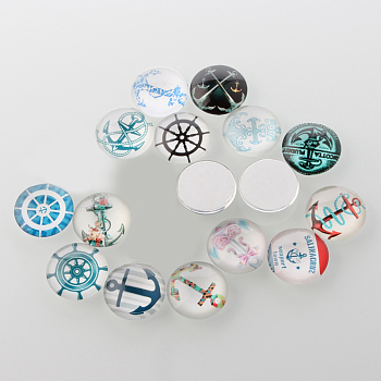 Helm &  Anchor Printed Glass Cabochons, Half Round/Dome, Mixed Color, 16x5mm