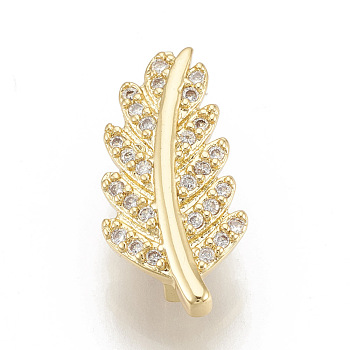 Brass Micro Pave Cubic Zirconia Slide Charms, Leaf, Clear, Real 18K Gold Plated, 18x9x5mm, Hole: 12x2mm