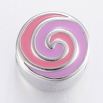 304 Stainless Steel European Enamel Beads, Large Hole Beads, Flat Round with Vortex, Colorful, Stainless Steel Color, 11x8mm, Hole: 5mm
