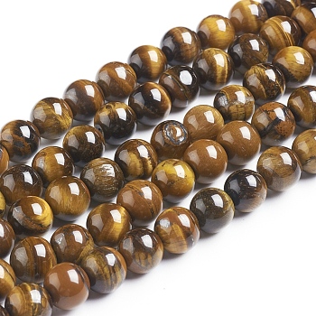 Natural Tiger Eye Beads Strands, Round, Grade B, 10mm, Hole: 1mm, about 40pcs/strand