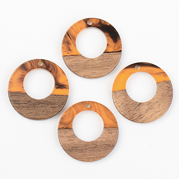 Resin & Walnut Wood Pendants, Ring, Orange, 28x3mm, Hole: 2mm