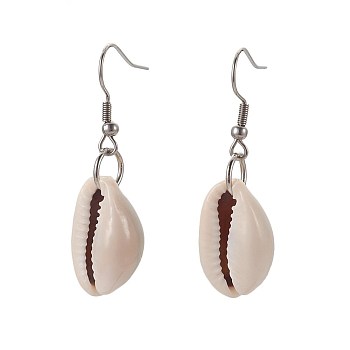 Cowrie Shell Beads Dangle Earrings, with 304 Stainless Steel Earring Hooks, 43~44mm, pin: 0.7mm