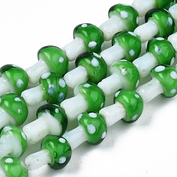 Mushroom Handmade Lampwork Beads Strands, Lime Green, 12.5~14x10~11mm, Hole: 1.2~1.5mm, about 24~25pcs/strand, 12.20 inch~12.99 inch(31cm~33cm)