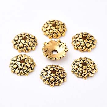 Tibetan Style Bead Caps, Lead Free & Cadmium Free & Nickel Free, Flower, Antique Golden, 11x3.5mm, Hole: 2mm