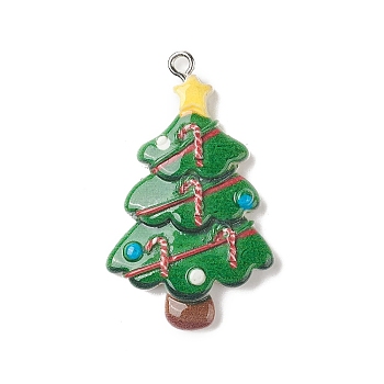 Opaque Resin Pendants, Christmas Charms, with Platinum Tone Iron Loops, Christmas Tree, 39.5x23.5x5.5mm, Hole: 1.8mm