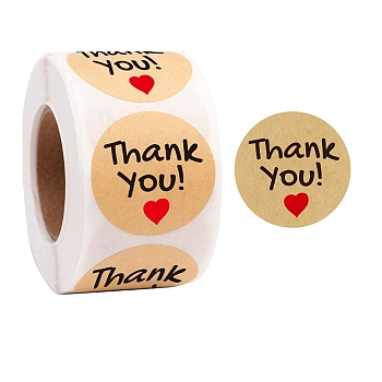 Self Adhesive Kraft Paper Thank You Gift Stickers Roll, Round Dot Gift Sealing Decals with Flower, for Gift Warpping, BurlyWood, 25mm, 500pcs/roll