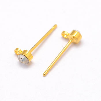 Brass Ear Studs, with Loop and Rhinestone, Golden, about 3mm wide, 14.5mm long, hole: 1mm, Pin: 0.8mm