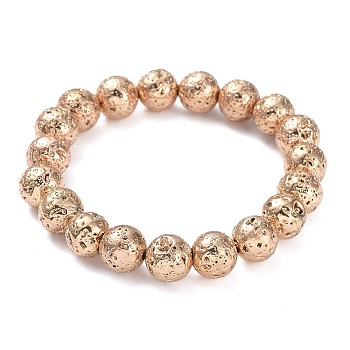 Electroplated Natural Lava Rock Beads Stretch Bracelets, Long-Lasting Plated, Round, Light Gold Plated, 2-1/4 inch(5.6cm), Bead: 10.5mm