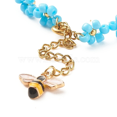 Glass Seed Beaded Flower Necklace with Alloy Enamel Bee Charm(NJEW-JN03817-01)-5