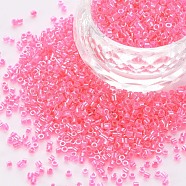 Glass Cylinder Beads, Seed Beads, Inside Colours Luster, Round Hole, Hot Pink, 1.5~2x1~2mm, Hole: 0.8mm, about 8000pcs/bag, about 1pound/bag(SEED-S047-C-002)