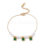 Square Cubic Zirconia Charm Bracelet with Acrylic Pearl, Gold Plated 304 Stainless Steel Jewelry for Women, Green, 6-3/4 inch(17cm)(BJEW-F396-20G-02)