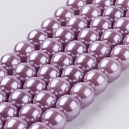 Eco-Friendly Dyed Glass Pearl Round Beads Strands, Grade A, Cotton Cord Threaded, Violet, 8mm, Hole: 0.7~1.1mm, about 52pcs/strand, 15 inch(HY-A002-8mm-RB056)