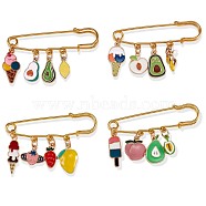 4Pcs 4 Style Ice-cream and Fruit Enamel Charm Safety Pins Brooches, Cute Cartoon Alloy Badges for Sweater Shirt Dresses Decoration Accessories, Golden, Mixed Color, 63x17mm, 1Pc/style(JX118A)