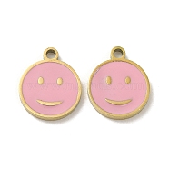 Ion Plating(IP) 316L Surgical Stainless Steel Charms, with Enamel, Real 18K Gold Plated, Flat Round with Smiling Face Charm, Pink, 12x10x1.5mm, Hole: 1.4mm(STAS-D035-04B-G)