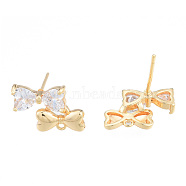 Brass Pave Clear Cubic Zirconia Stud Earring Findings, with Horizontal Loops, Heart Bowknot, Nickel Free, Golden, 10x15mm, Hole: 1mm, Pin: 0.8mm(KK-N231-350B)