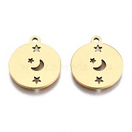 201 Stainless Steel Pendants, Laser Cut Pendants, Flat Round with Moon & Star, Golden, 15.5x13.5x1mm, Hole: 1.4mm(X-STAS-S110-096G)