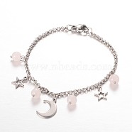 Moon & Star Stainless Steel Gemstone Charm Bracelets, with Lobster Claw Clasps, Rose Quartz, 7-1/4 inch(185mm)(BJEW-JB01935-01)