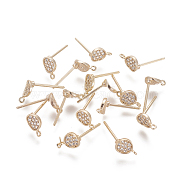 Brass Micro Pave Cubic Zirconia Stud Earring Findings, with Loop, Nickel Free, Flat Round, Clear, Real 18K Gold Plated, 12.5mm, Hole: 0.8mm, Pin: 0.9mm(KK-I644-42G-NF)