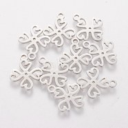 201 Stainless Steel Charms, Heart with Clover, Stainless Steel Color, 14x12x1.1mm, Hole: 1.5mm(STAS-Q201-T490)