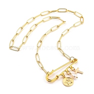 Pendant Necklaces, with Natural Pearl Beads, Iron Safety Pins, Brass Charms and Paperclip Chains, Cross & Flat Round with Angel, Golden, Creamy White, 19.80 inch(50.3cm)(NJEW-JN02988-03)